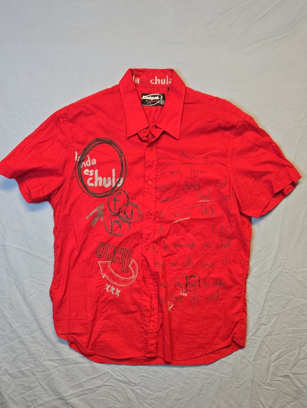 Desigual Red Short-Sleeve Button Down Full Graphic Casual Dress Shirt